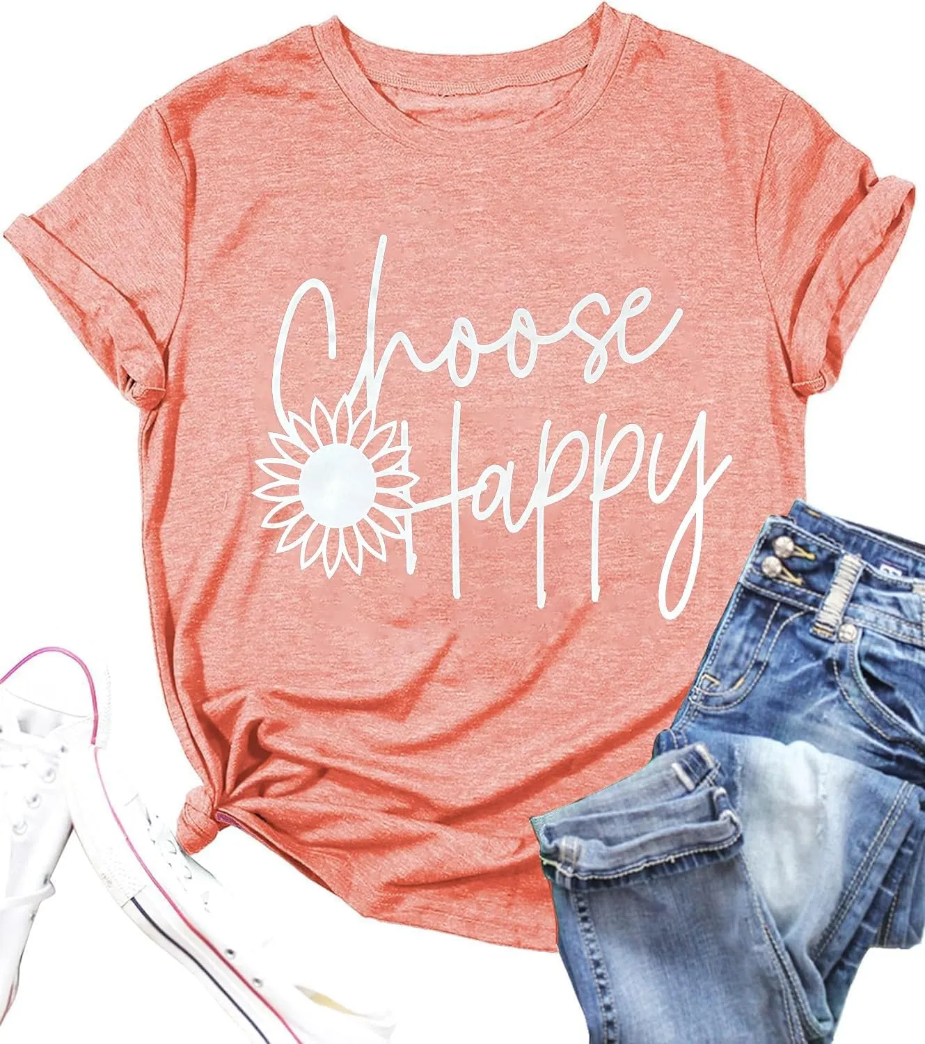 Graphic Tees for Women Choose Happy Letter Print Shirts Sunflower Women T Shirt Inspirational Short Sleeve Casual Tops