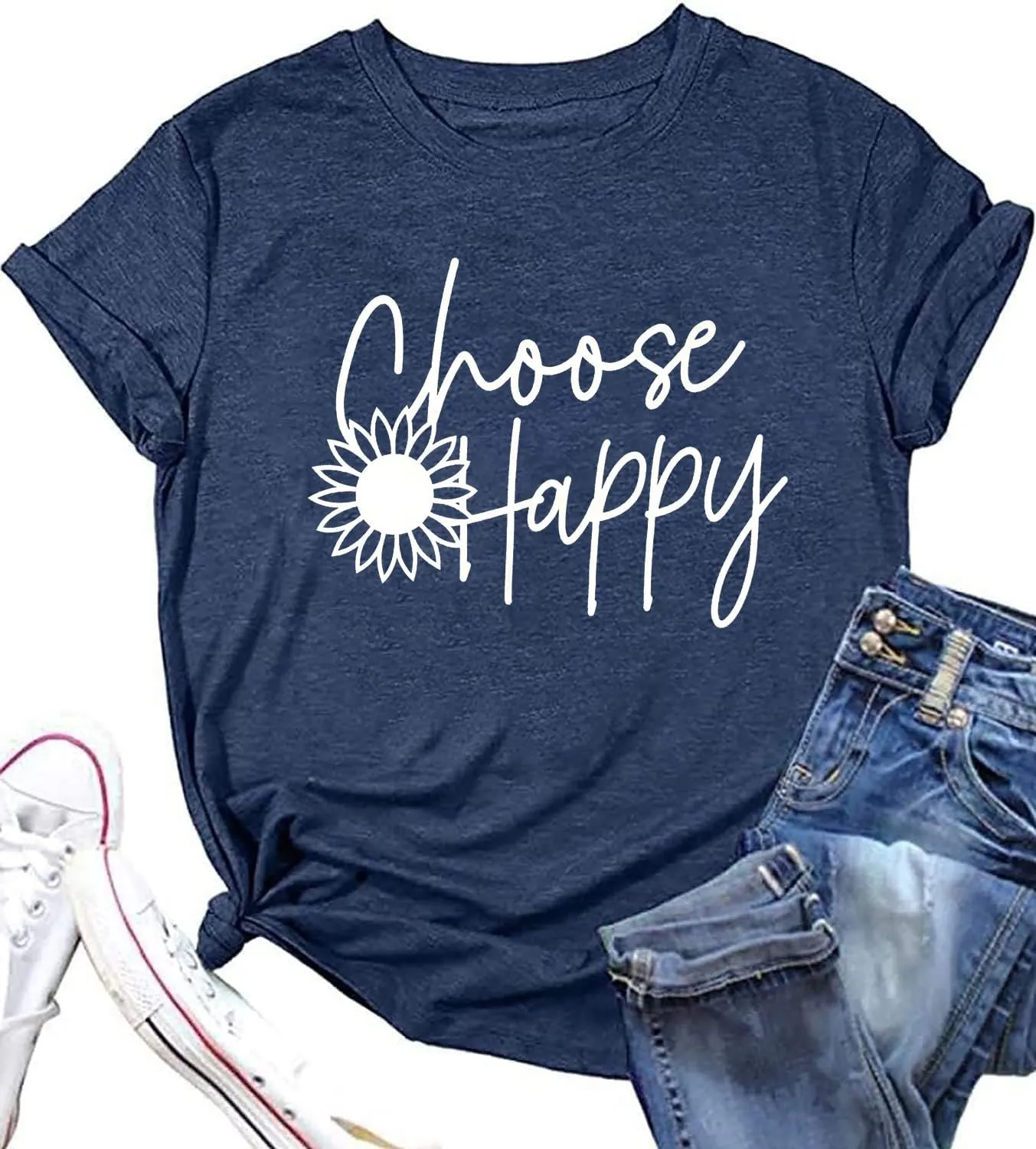 Graphic Tees for Women Choose Happy Letter Print Shirts Sunflower Women T Shirt Inspirational Short Sleeve Casual Tops