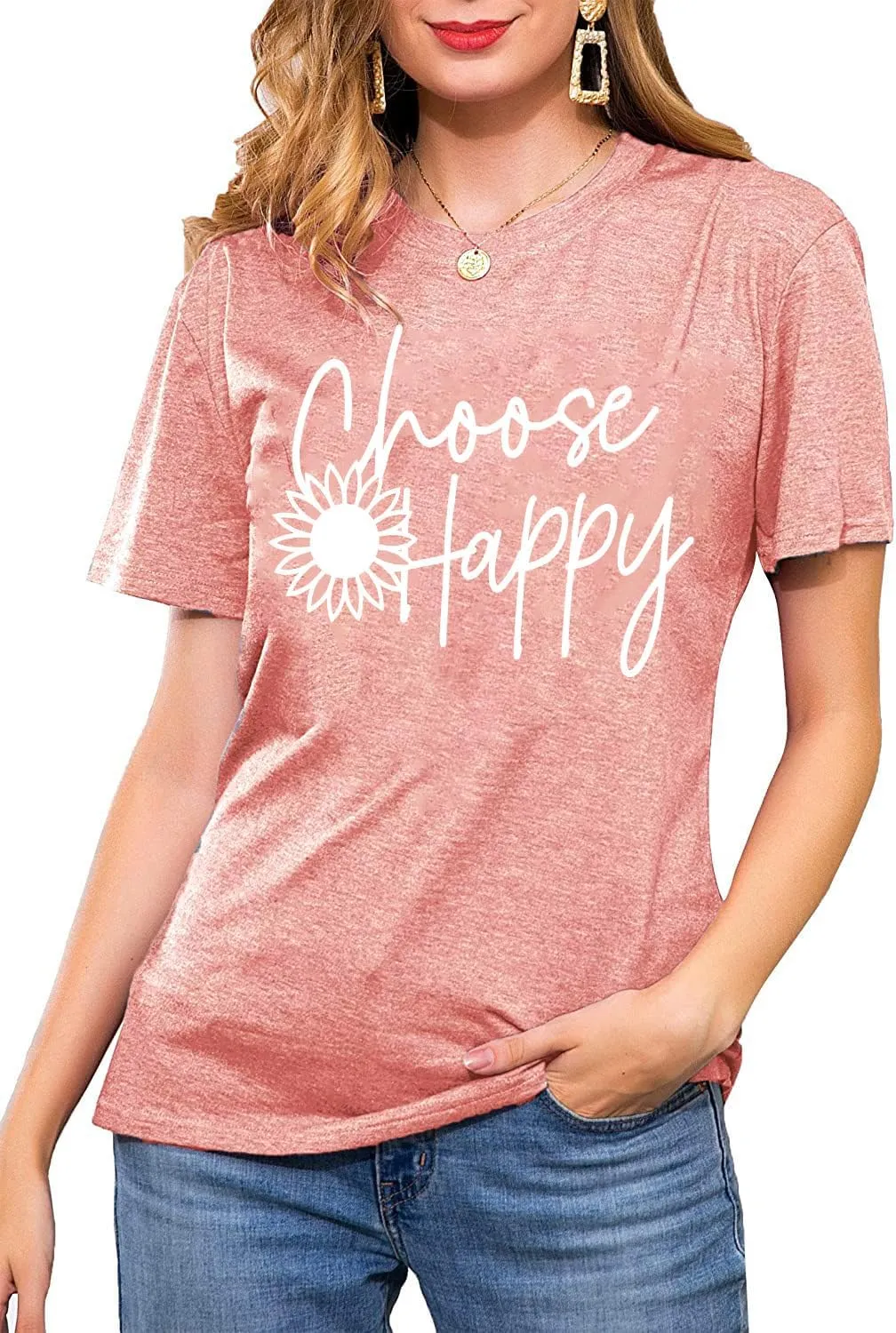 Graphic Tees for Women Choose Happy Letter Print Shirts Sunflower Women T Shirt Inspirational Short Sleeve Casual Tops