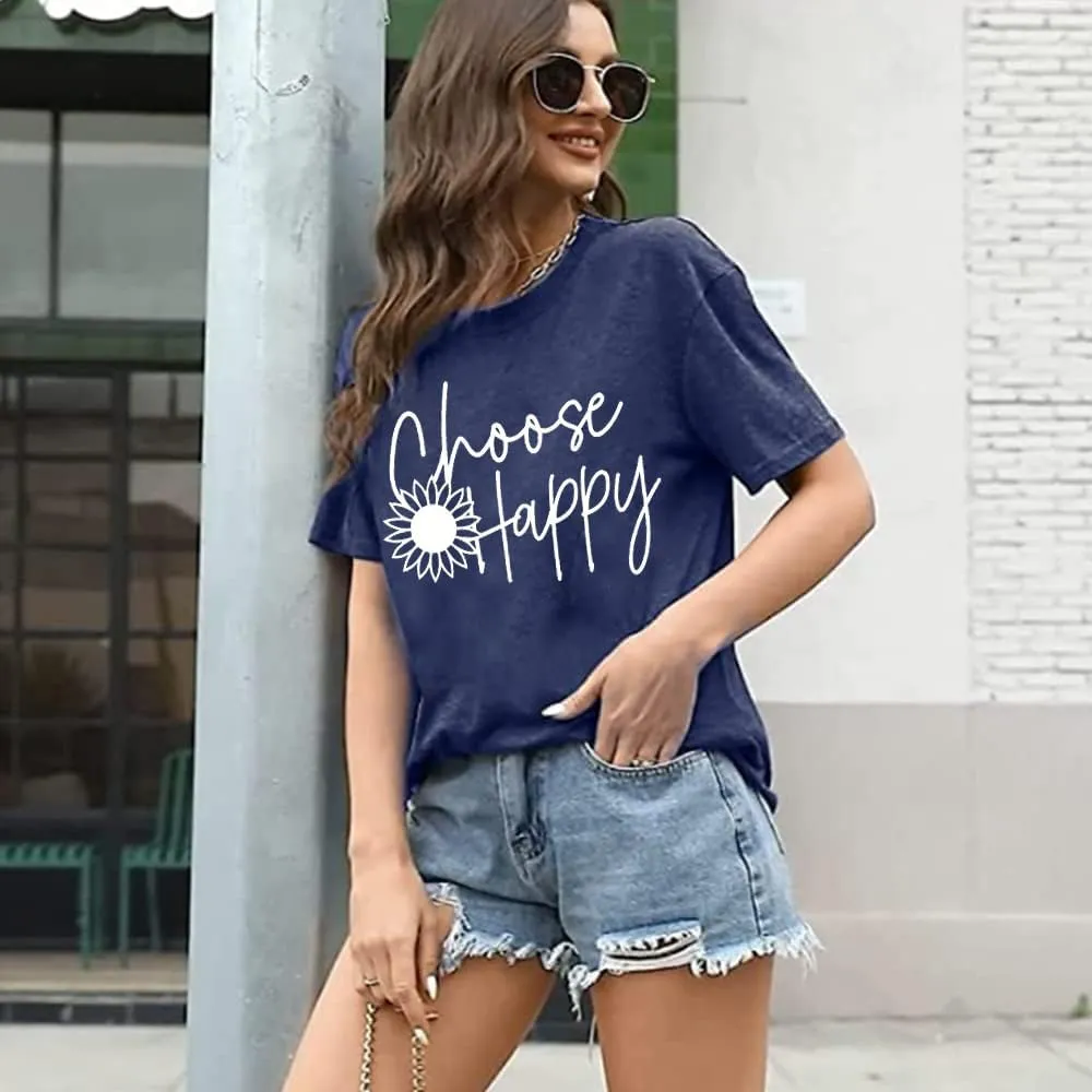 Graphic Tees for Women Choose Happy Letter Print Shirts Sunflower Women T Shirt Inspirational Short Sleeve Casual Tops