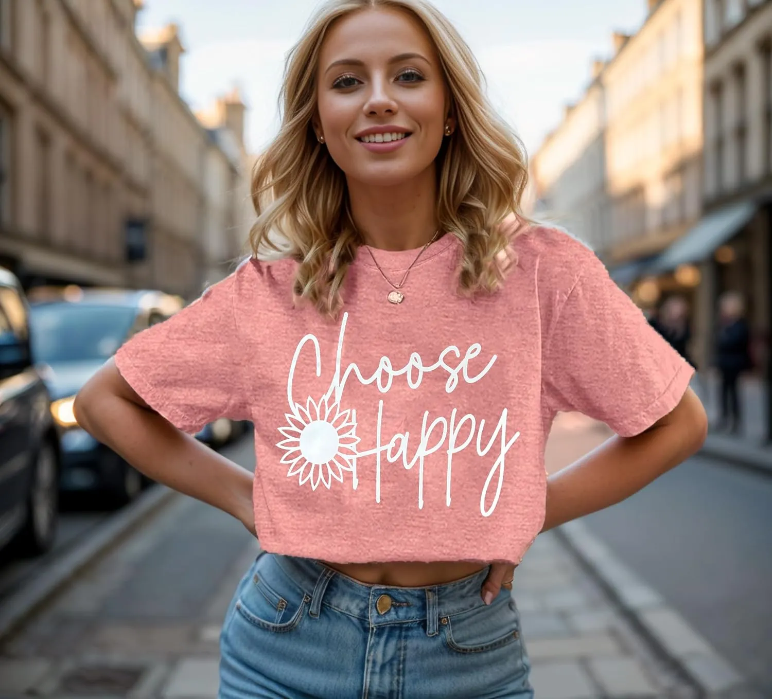 Graphic Tees for Women Choose Happy Letter Print Shirts Sunflower Women T Shirt Inspirational Short Sleeve Casual Tops