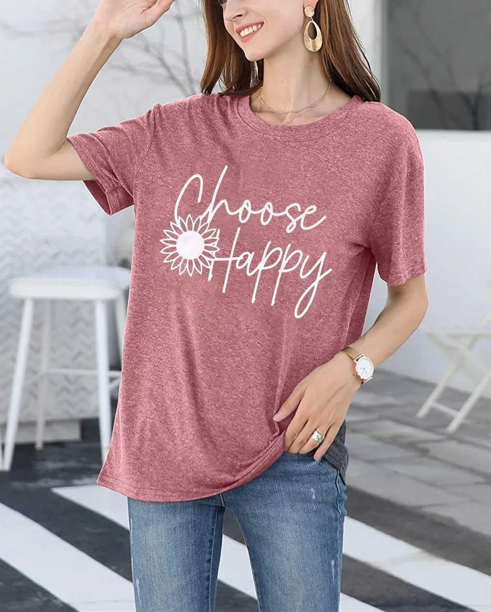 Graphic Tees for Women Choose Happy Letter Print Shirts Sunflower Women T Shirt Inspirational Short Sleeve Casual Tops
