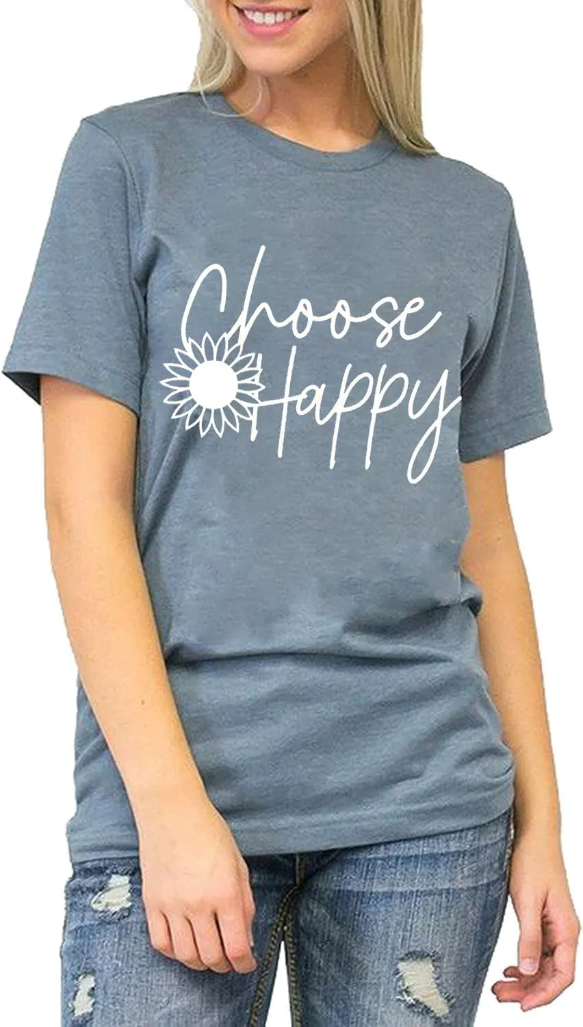 Graphic Tees for Women Choose Happy Letter Print Shirts Sunflower Women T Shirt Inspirational Short Sleeve Casual Tops