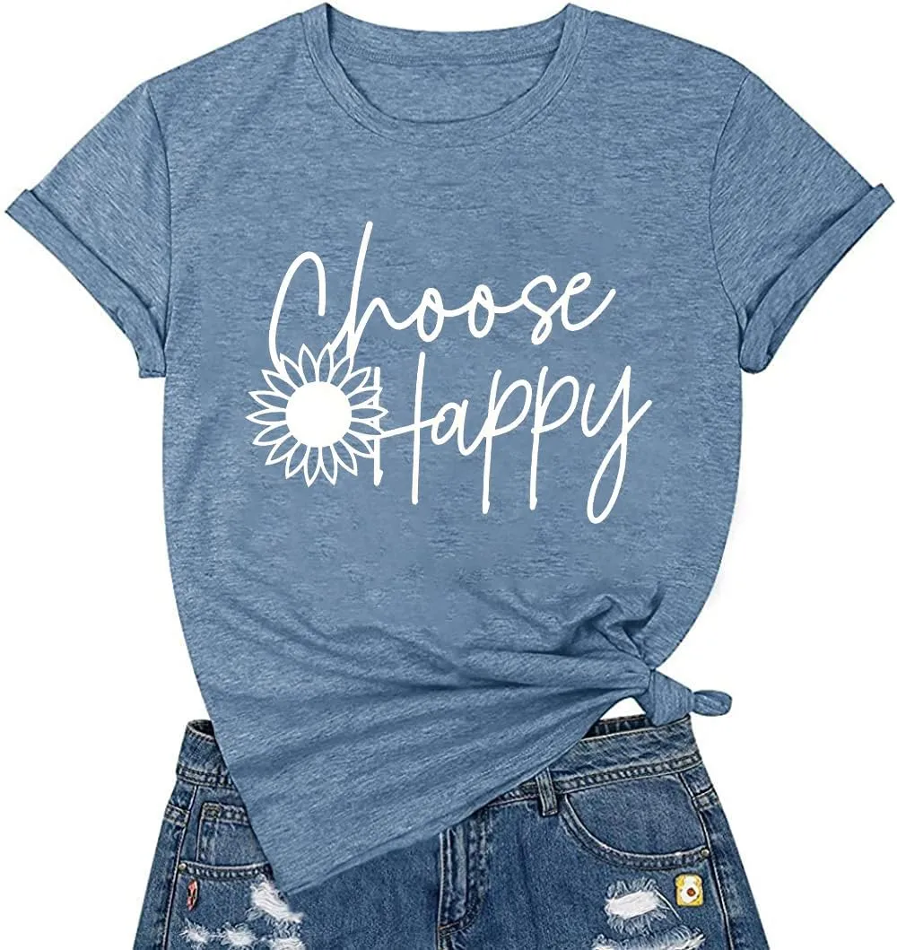 Graphic Tees for Women Choose Happy Letter Print Shirts Sunflower Women T Shirt Inspirational Short Sleeve Casual Tops