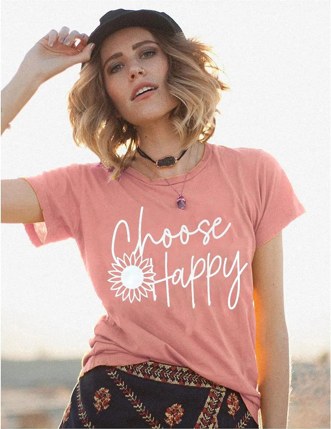 Graphic Tees for Women Choose Happy Letter Print Shirts Sunflower Women T Shirt Inspirational Short Sleeve Casual Tops