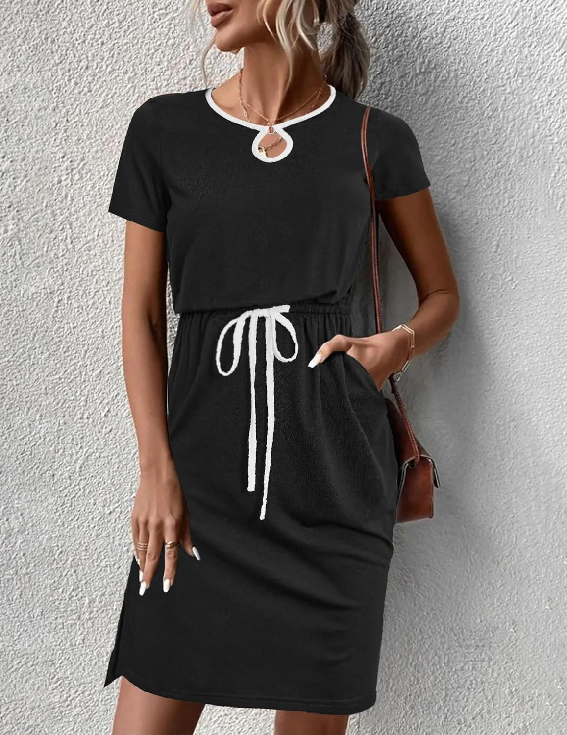 HOTOUCH Dresses for Women 2025 Summer Casual Beach Sundress Short Sleeve Shift Dress O Neck T-Shirt Dress with Pockets
