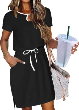 HOTOUCH Dresses for Women 2025 Summer Casual Beach Sundress Short Sleeve Shift Dress O Neck T-Shirt Dress with Pockets