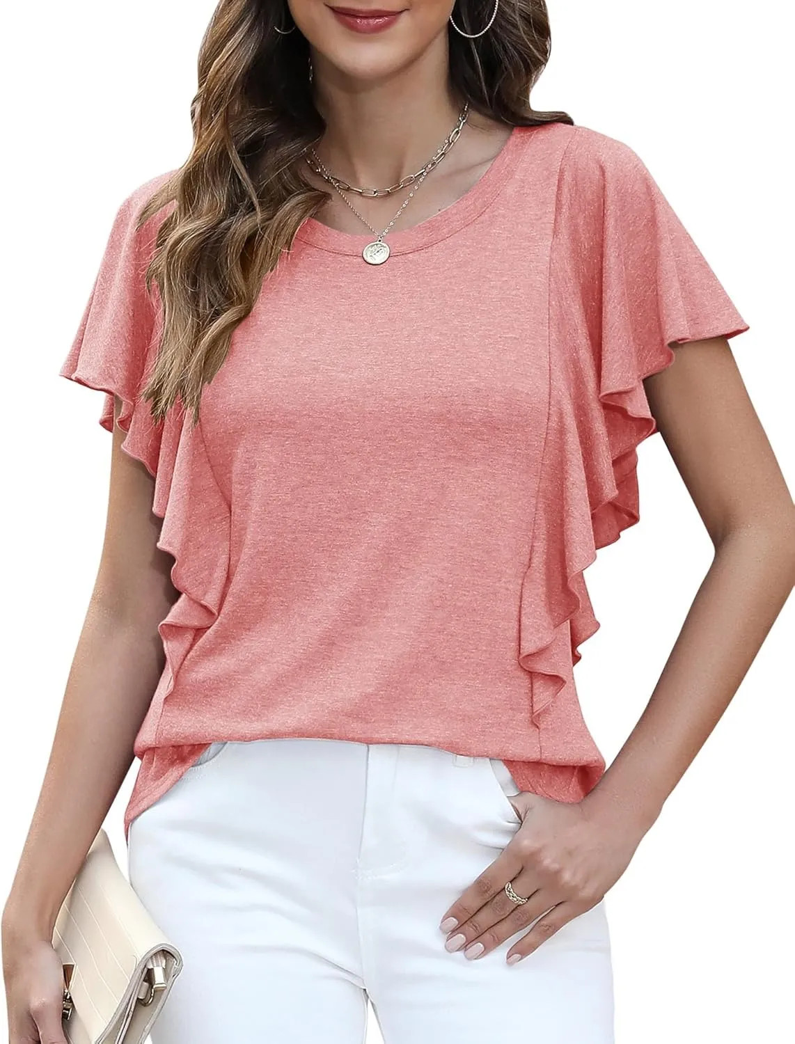 IECCP Women's Summer Tops Ruffle Short Sleeve T-Shirts Casual Crewneck Blouses