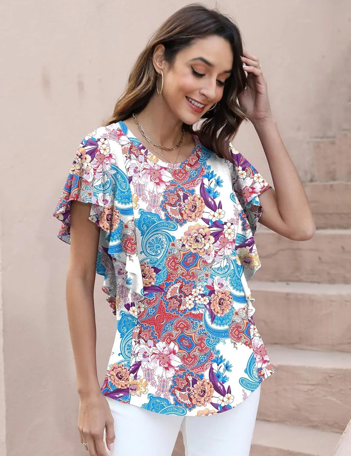 IECCP Women's Summer Tops Ruffle Short Sleeve T-Shirts Casual Crewneck Blouses