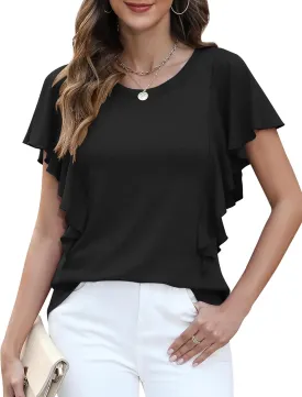 IECCP Women's Summer Tops Ruffle Short Sleeve T-Shirts Casual Crewneck Blouses