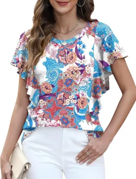 IECCP Women's Summer Tops Ruffle Short Sleeve T-Shirts Casual Crewneck Blouses