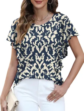 IECCP Women's Summer Tops Ruffle Short Sleeve T-Shirts Casual Crewneck Blouses
