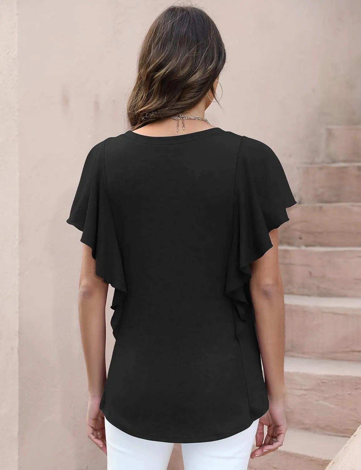 IECCP Women's Summer Tops Ruffle Short Sleeve T-Shirts Casual Crewneck Blouses
