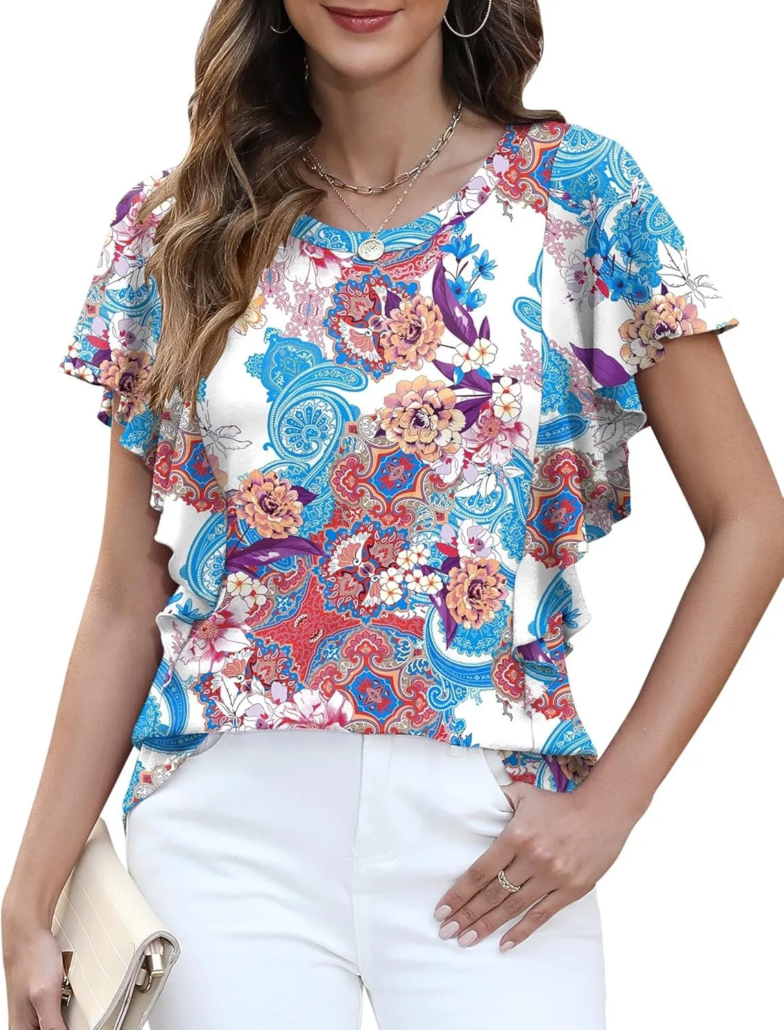 IECCP Women's Summer Tops Ruffle Short Sleeve T-Shirts Casual Crewneck Blouses