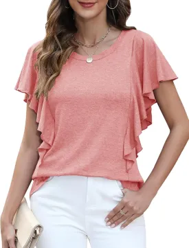 IECCP Women's Summer Tops Ruffle Short Sleeve T-Shirts Casual Crewneck Blouses