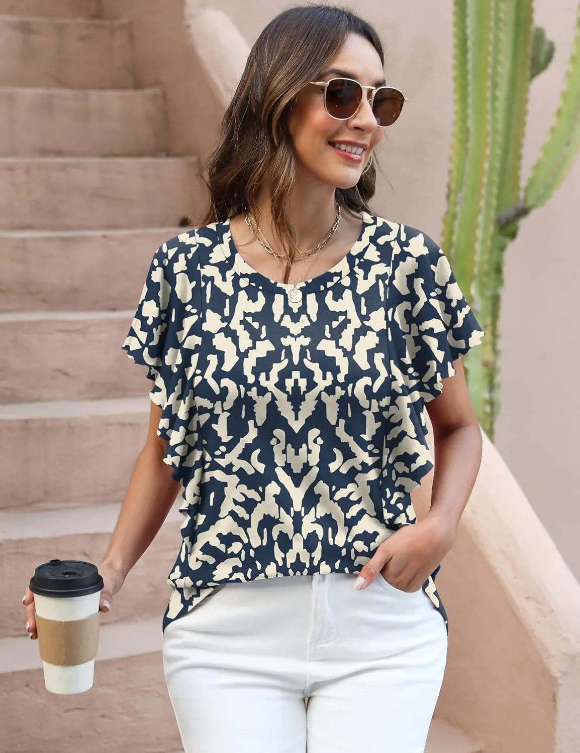IECCP Women's Summer Tops Ruffle Short Sleeve T-Shirts Casual Crewneck Blouses