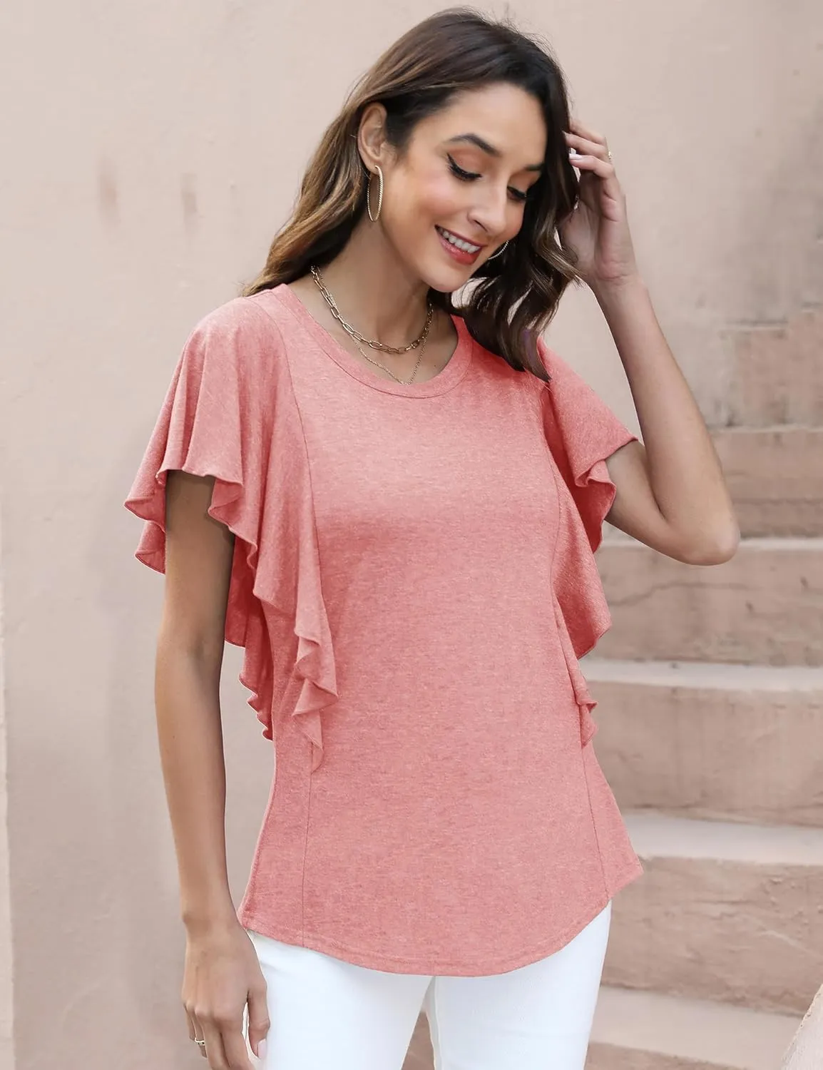 IECCP Women's Summer Tops Ruffle Short Sleeve T-Shirts Casual Crewneck Blouses