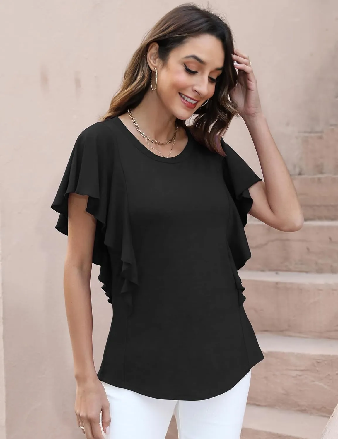 IECCP Women's Summer Tops Ruffle Short Sleeve T-Shirts Casual Crewneck Blouses