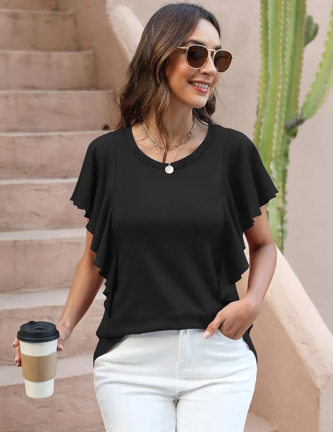 IECCP Women's Summer Tops Ruffle Short Sleeve T-Shirts Casual Crewneck Blouses