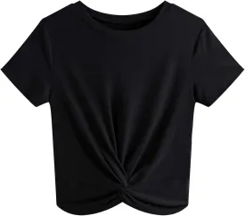 JINKESI Women's Summer Causal Short Sleeve Blouse Round Neck Crop Tops Twist Front Tee T-Shirt
