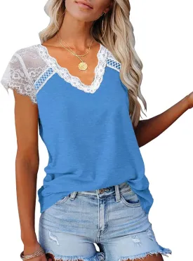 KINLONSAIR Women's Crochet Lace Basic V-Neck T-Shirts Short Sleeve Loose Fitting Tunic Tank Tops