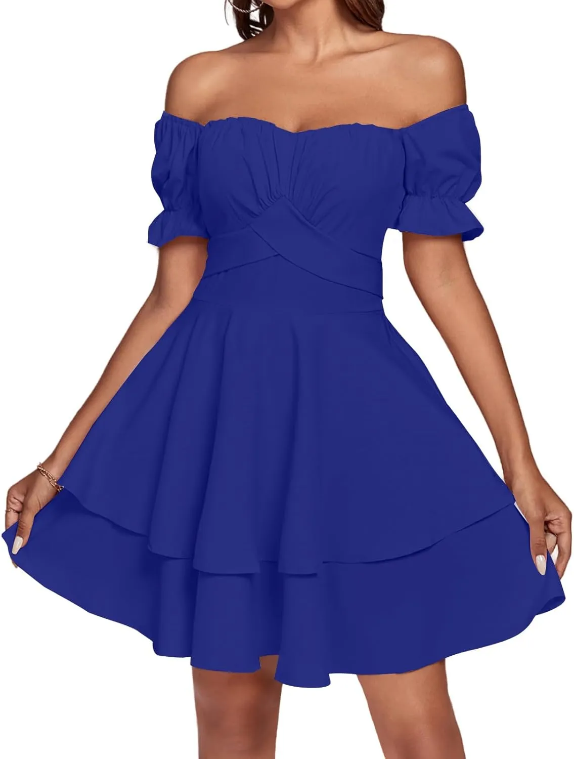 LYANER Women's Tie Back Off Shoulder Wrap Layer Ruffle Short Sleeve Mini Dress