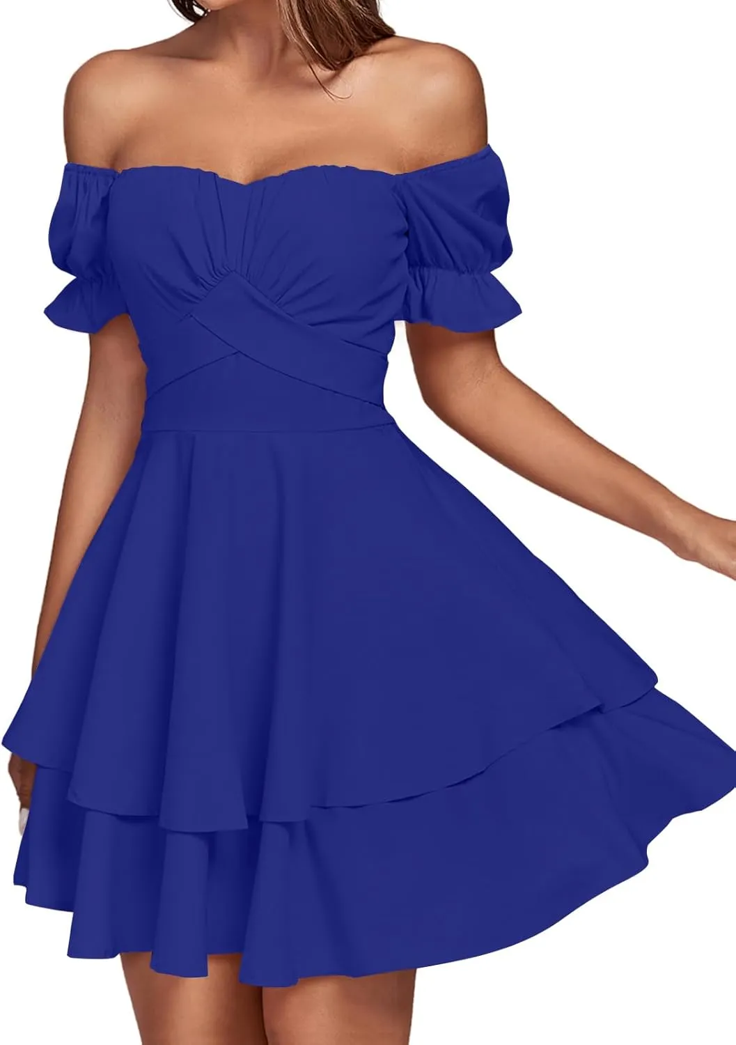 LYANER Women's Tie Back Off Shoulder Wrap Layer Ruffle Short Sleeve Mini Dress