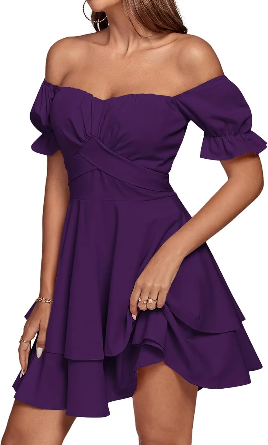 LYANER Women's Tie Back Off Shoulder Wrap Layer Ruffle Short Sleeve Mini Dress