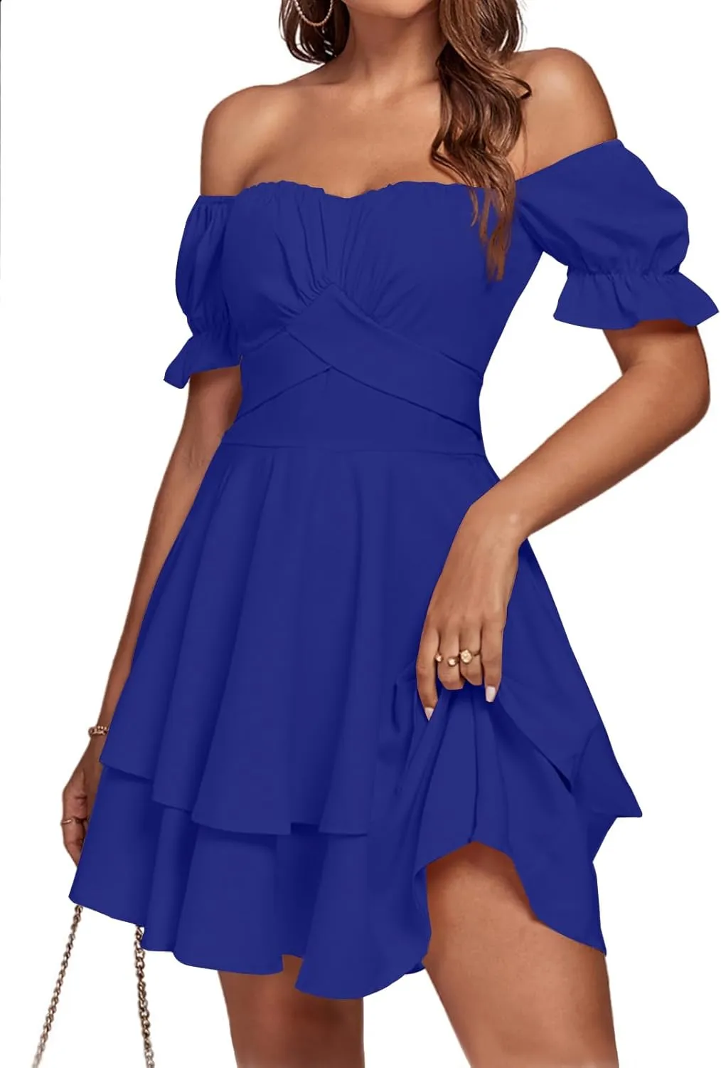 LYANER Women's Tie Back Off Shoulder Wrap Layer Ruffle Short Sleeve Mini Dress