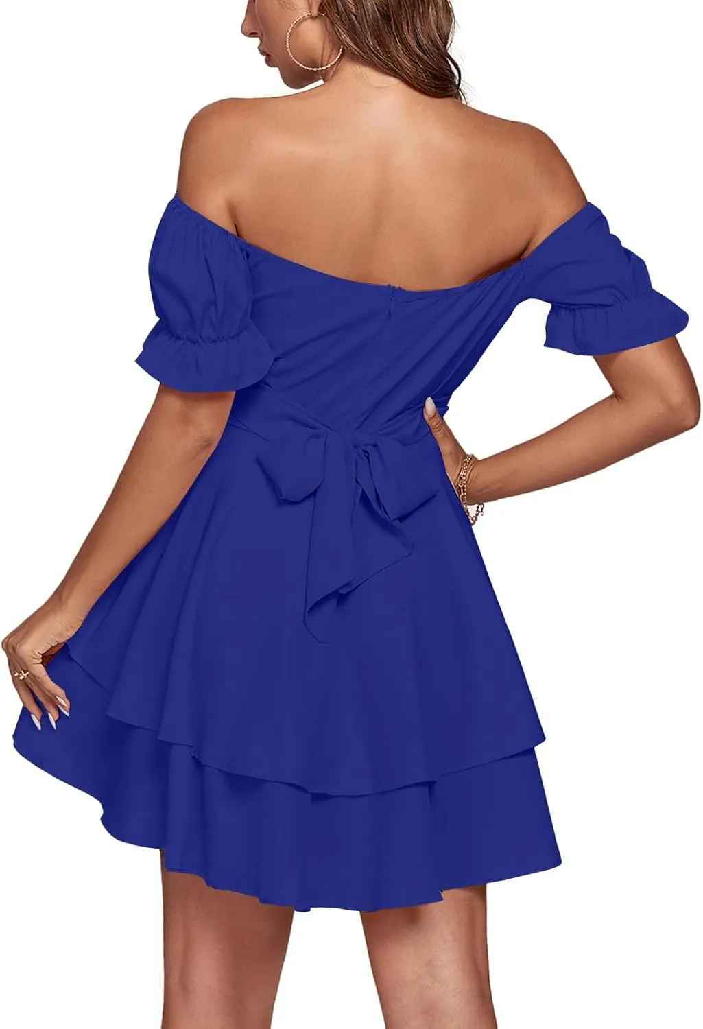 LYANER Women's Tie Back Off Shoulder Wrap Layer Ruffle Short Sleeve Mini Dress