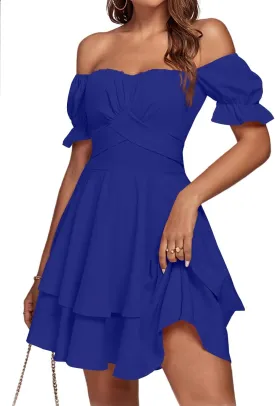 LYANER Women's Tie Back Off Shoulder Wrap Layer Ruffle Short Sleeve Mini Dress