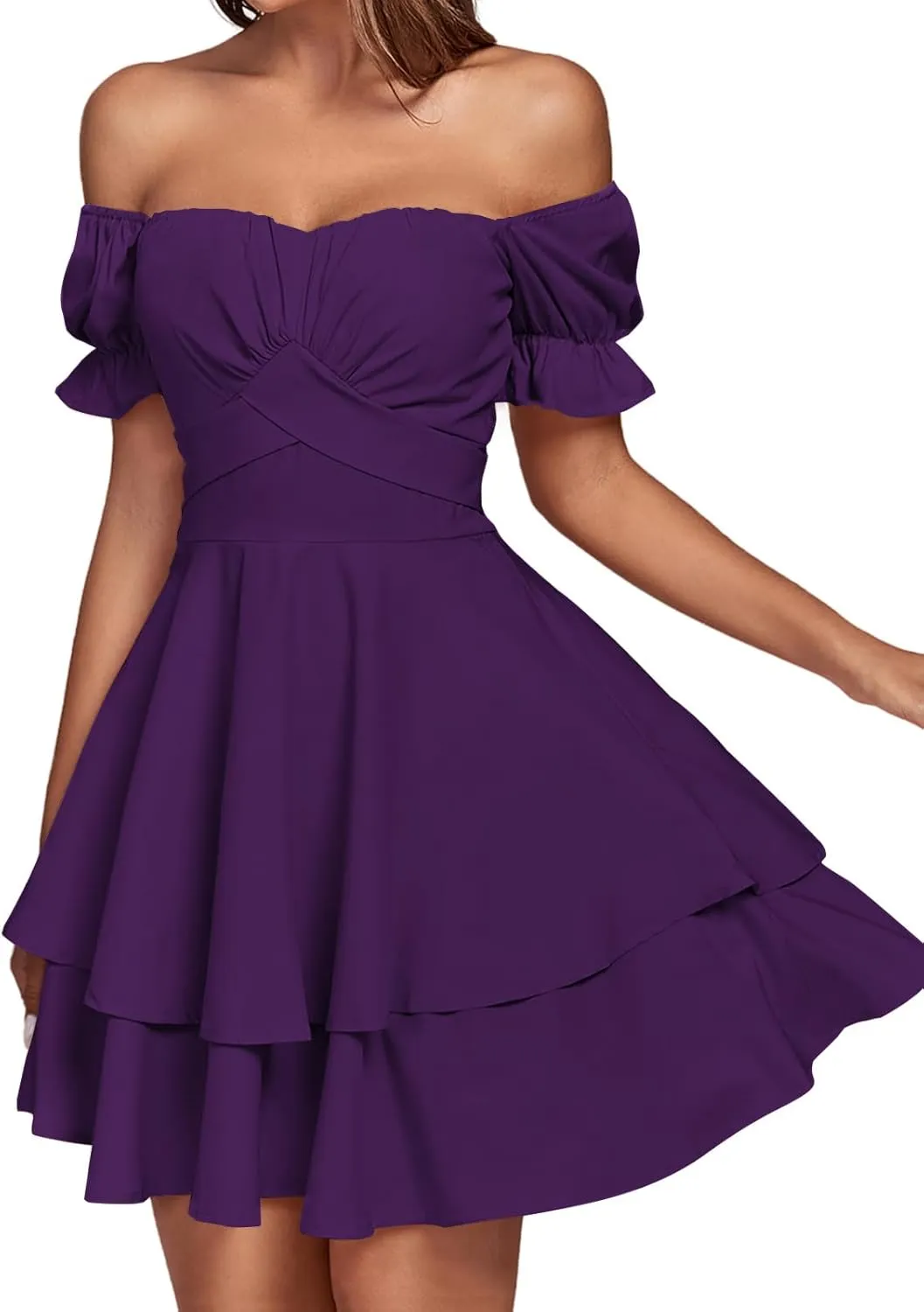 LYANER Women's Tie Back Off Shoulder Wrap Layer Ruffle Short Sleeve Mini Dress