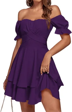 LYANER Women's Tie Back Off Shoulder Wrap Layer Ruffle Short Sleeve Mini Dress