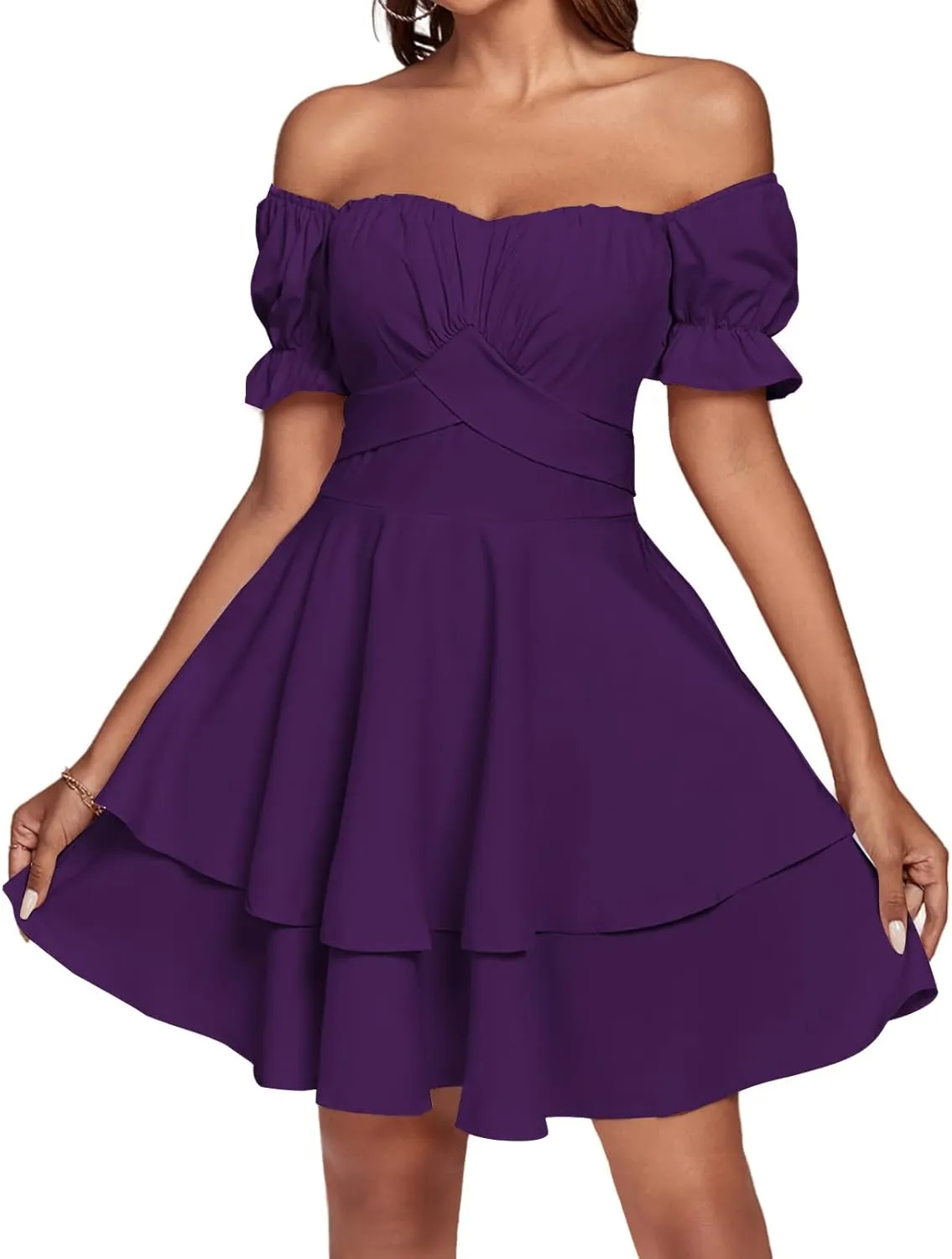 LYANER Women's Tie Back Off Shoulder Wrap Layer Ruffle Short Sleeve Mini Dress