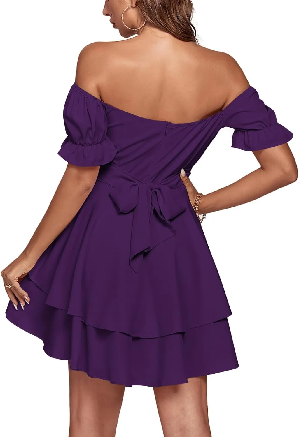 LYANER Women's Tie Back Off Shoulder Wrap Layer Ruffle Short Sleeve Mini Dress