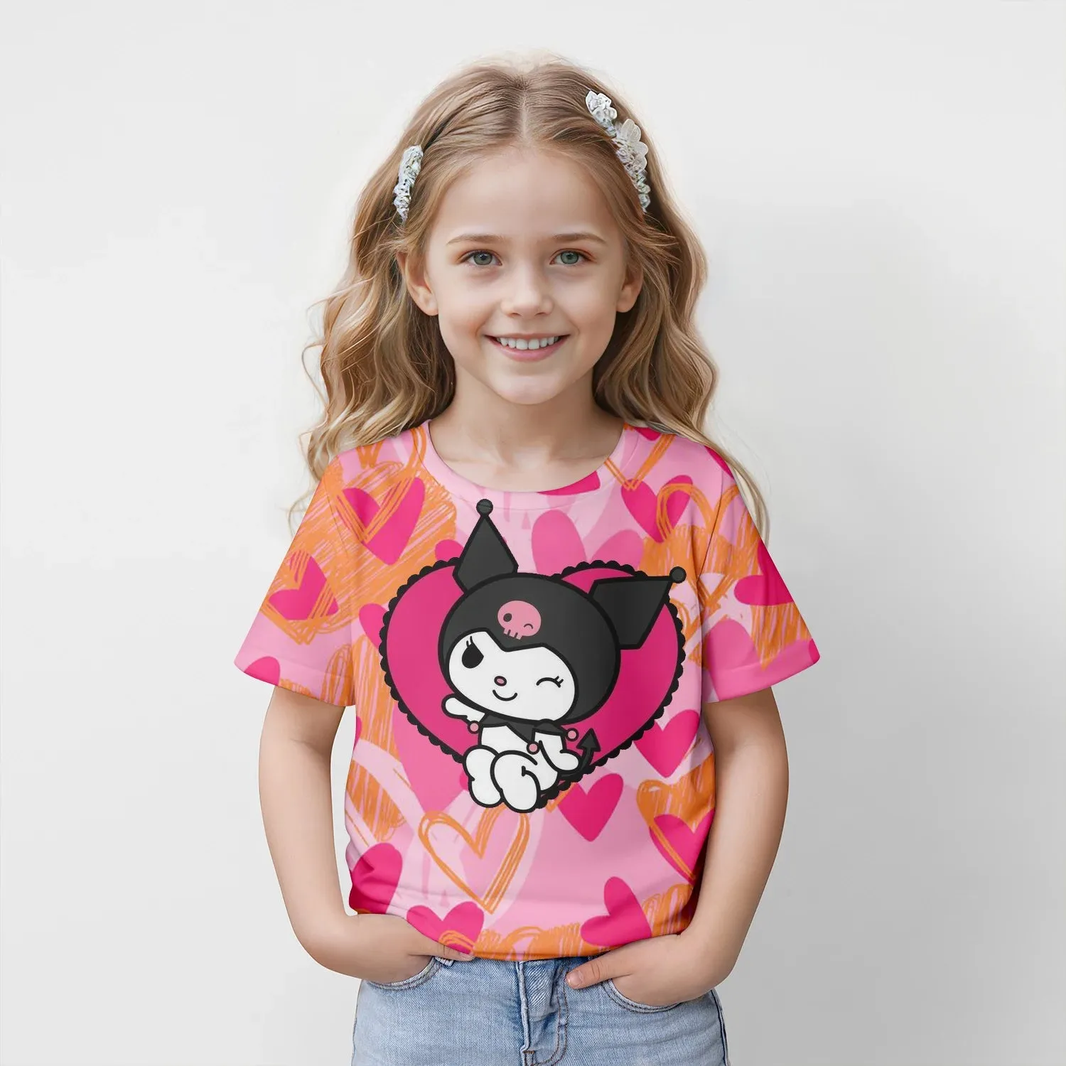 MINISO New Summer Children's T-shirt Kuromi 3D Printed Girl's Fashion Cartoon Top Cute Party Boys Trendy Short Sleeve Loose fit