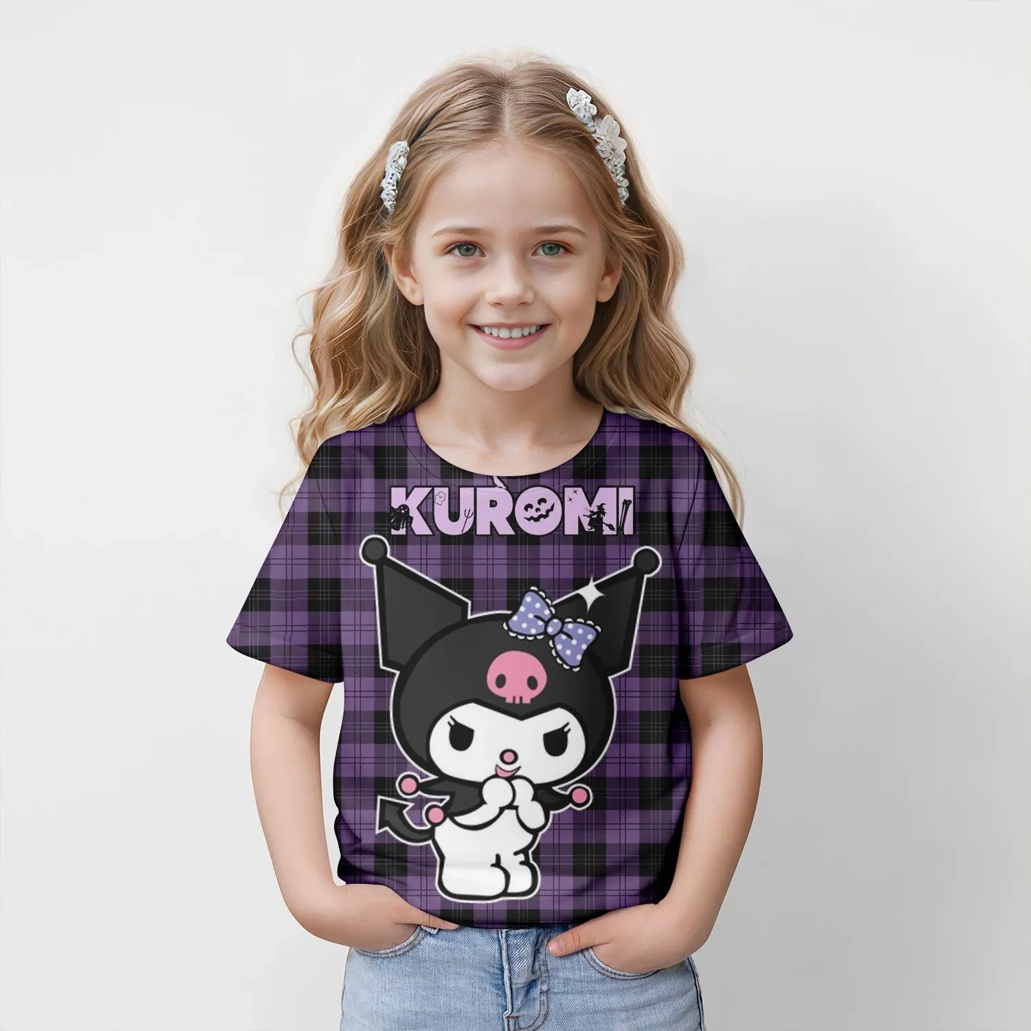 MINISO New Summer Children's T-shirt Kuromi 3D Printed Girl's Fashion Cartoon Top Cute Party Boys Trendy Short Sleeve Loose fit