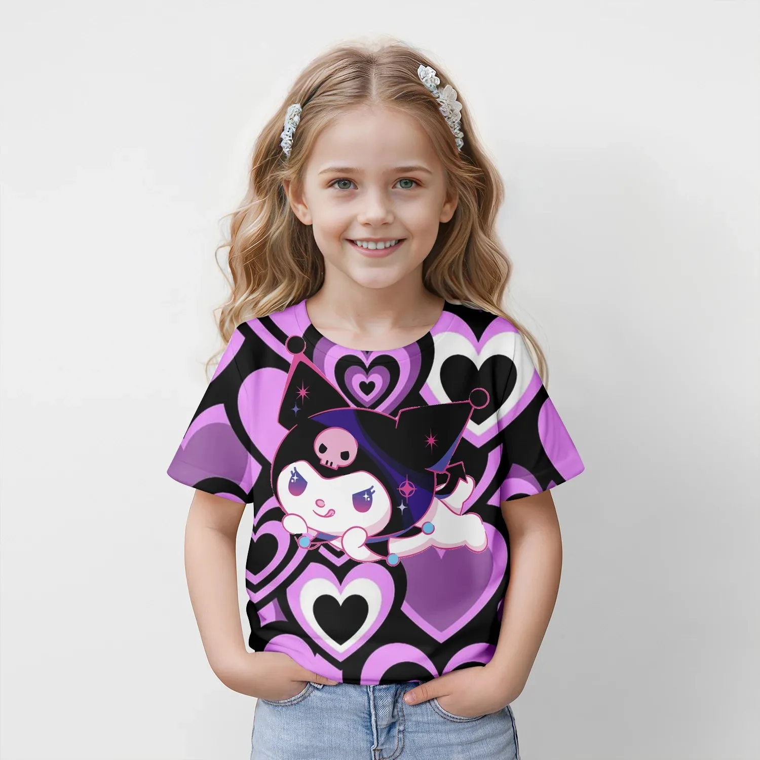MINISO New Summer Children's T-shirt Kuromi 3D Printed Girl's Fashion Cartoon Top Cute Party Boys Trendy Short Sleeve Loose fit