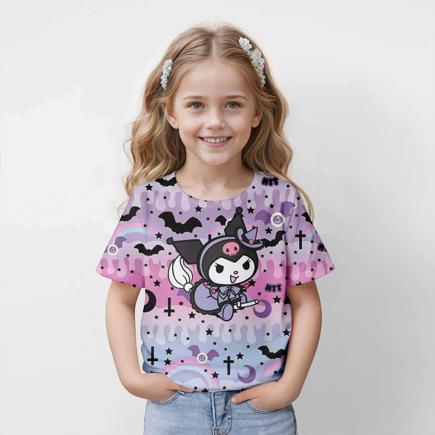 MINISO New Summer Children's T-shirt Kuromi 3D Printed Girl's Fashion Cartoon Top Cute Party Boys Trendy Short Sleeve Loose fit