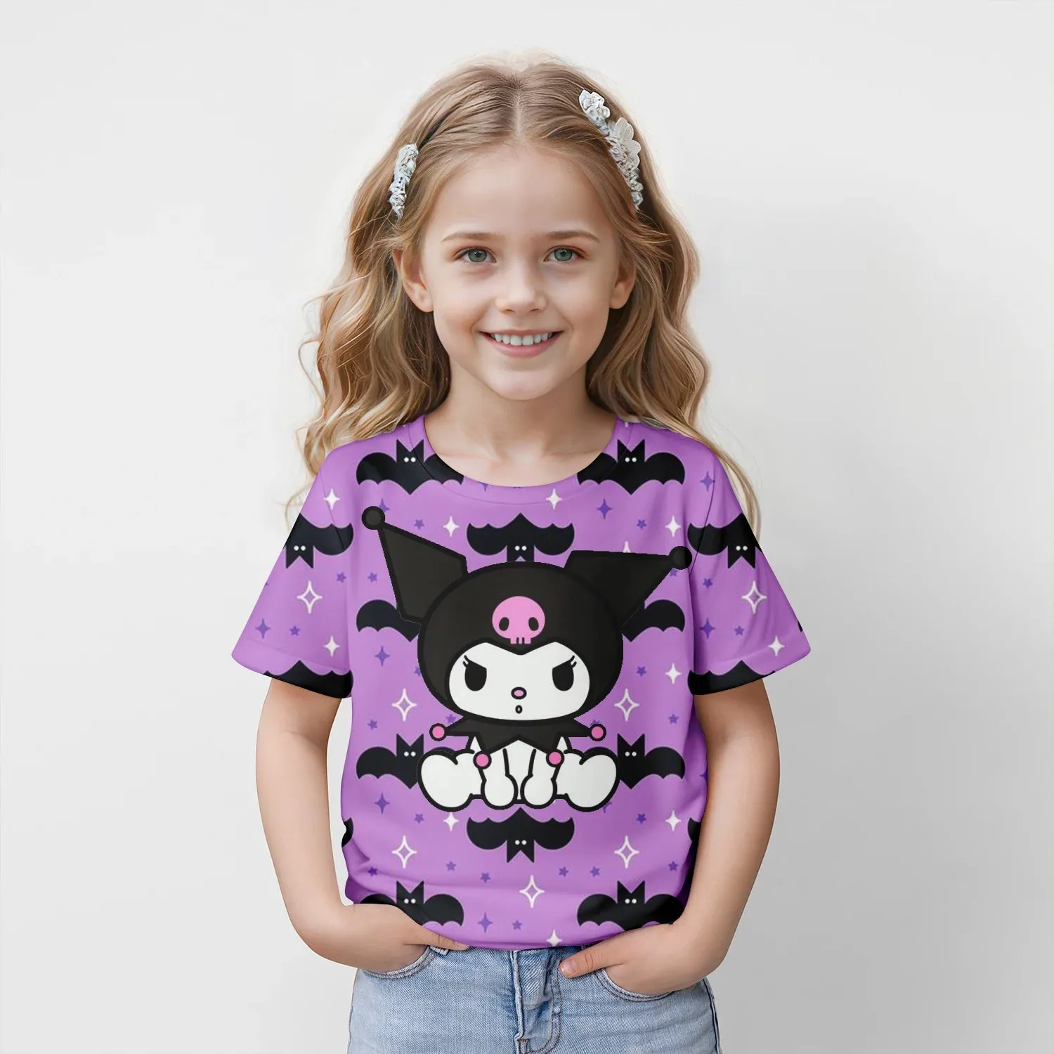 MINISO New Summer Children's T-shirt Kuromi 3D Printed Girl's Fashion Cartoon Top Cute Party Boys Trendy Short Sleeve Loose fit