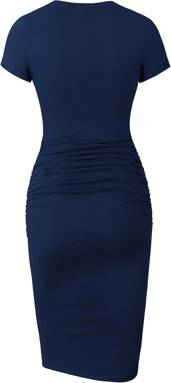 Missufe Women's Short Sleeve Ruched Casual Sundress Midi Bodycon T Shirt Dress
