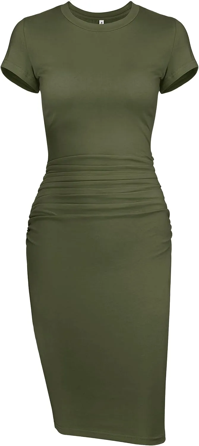 Missufeintl Women's Bodycon Ruched Short Sleeve T Shirt Midi Sundress Fitted Casual Dress