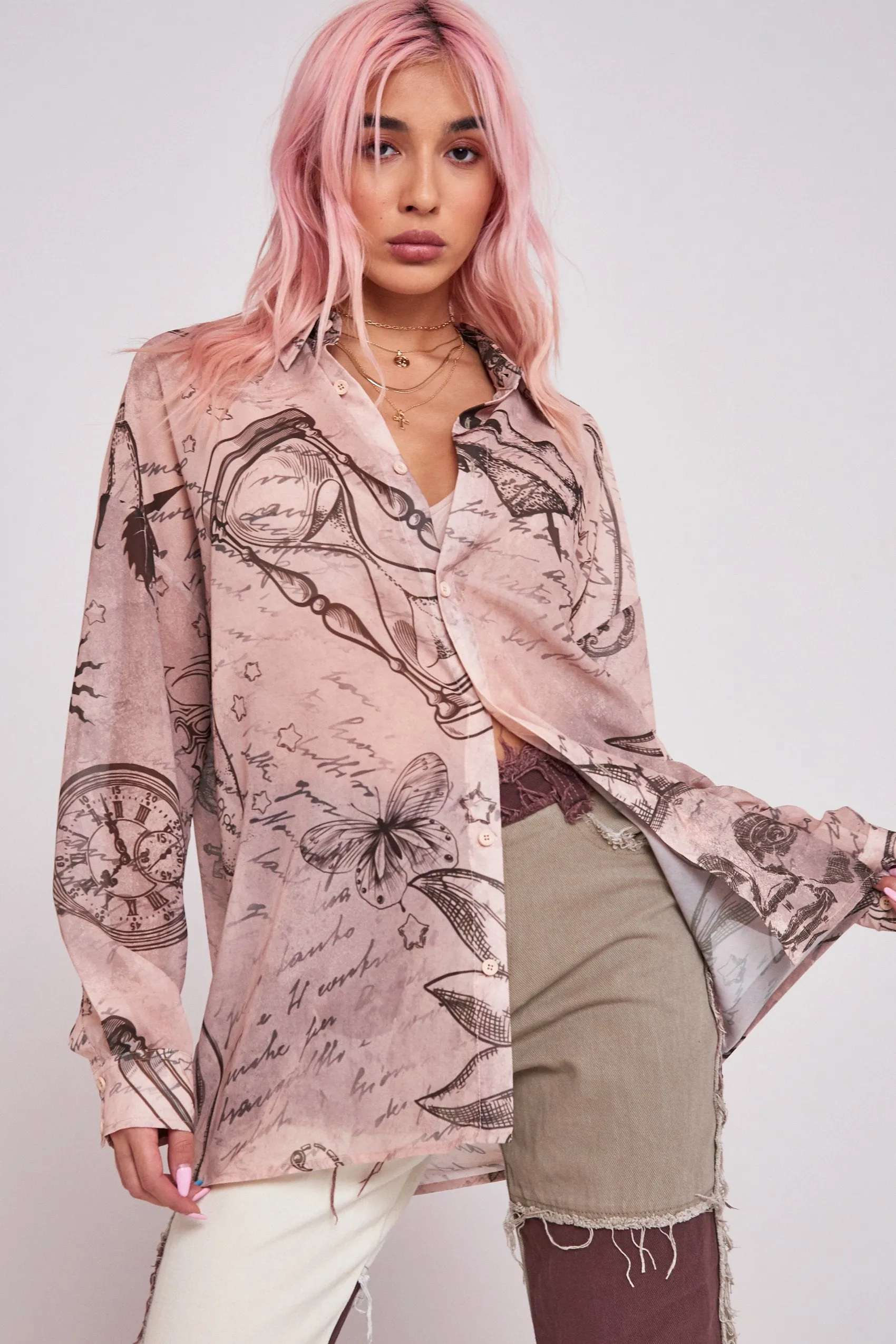 Mystic Tattoo Print Chiffon Shirt