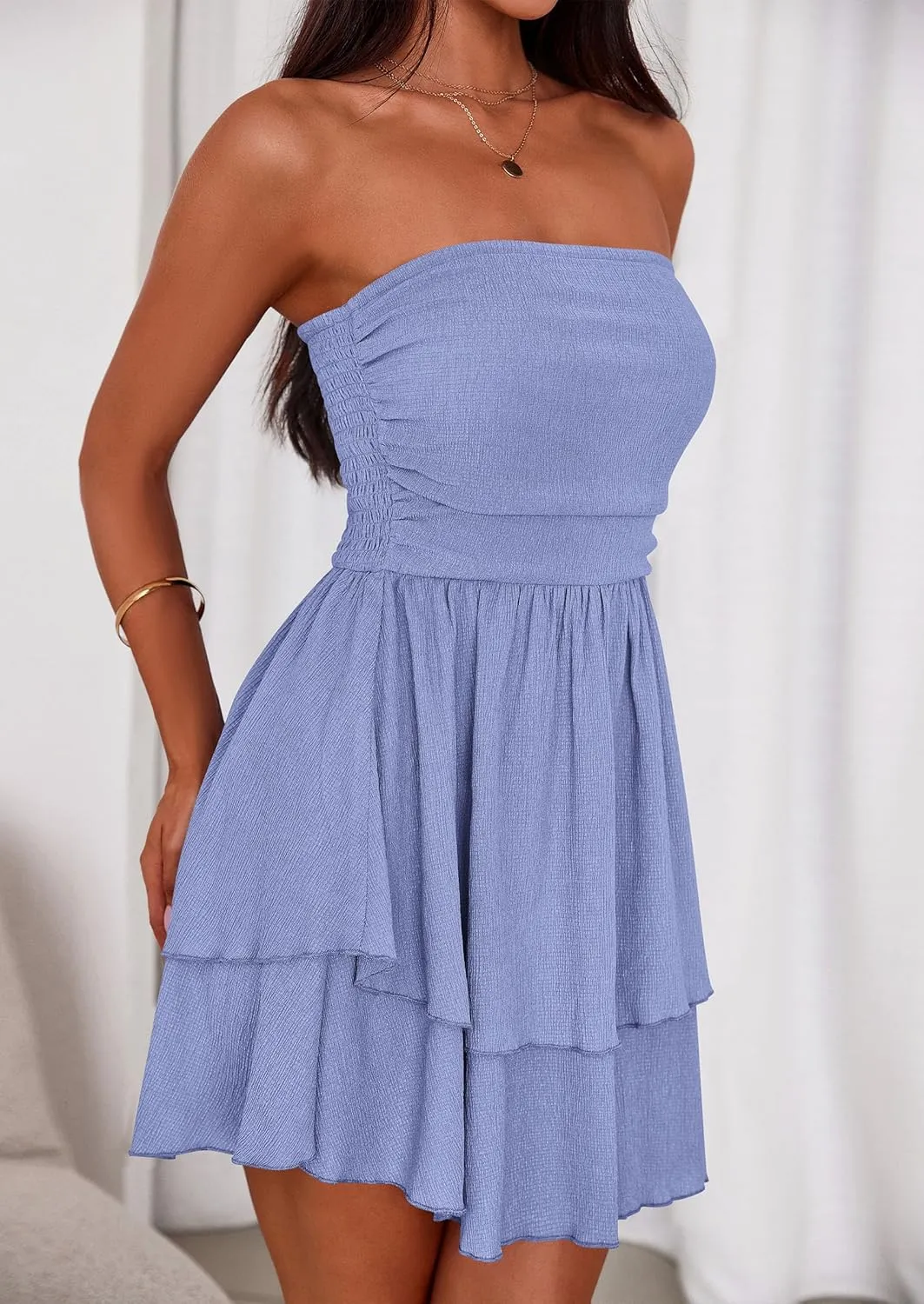 PRETTYGARDEN Women's 2025 Summer Strapless Tube Mini Dress Off Shoulder Smocked Ruffle A Line Flowy Short Party Club Dresses