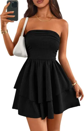 PRETTYGARDEN Women's 2025 Summer Strapless Tube Mini Dress Off Shoulder Smocked Ruffle A Line Flowy Short Party Club Dresses