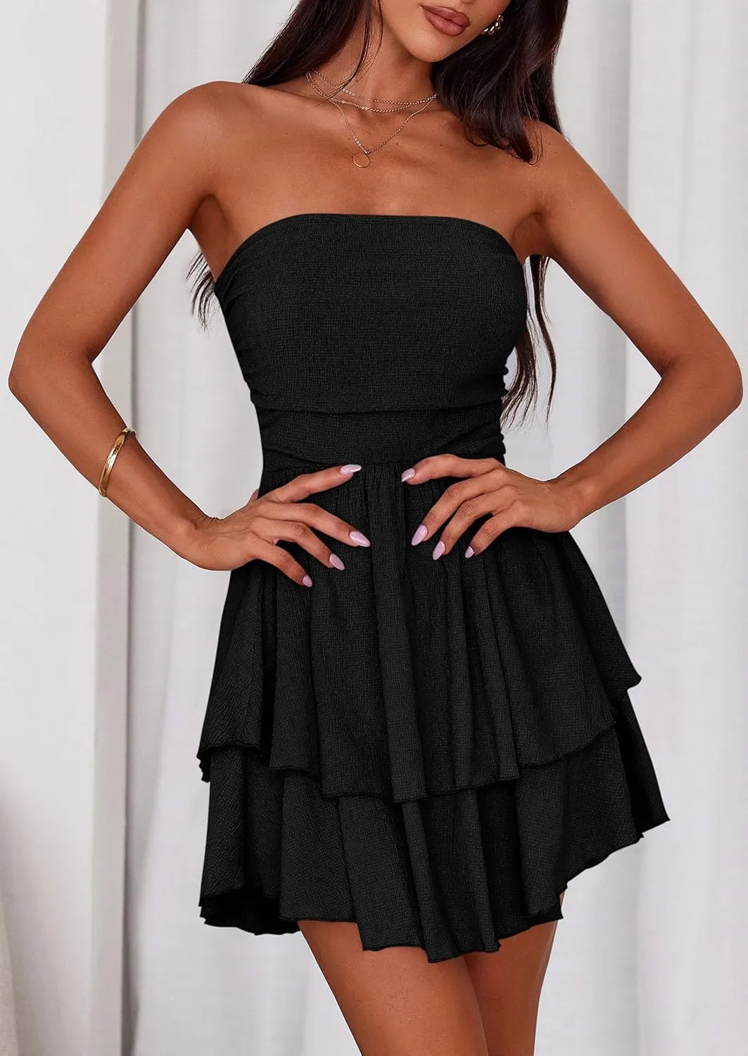 PRETTYGARDEN Women's 2025 Summer Strapless Tube Mini Dress Off Shoulder Smocked Ruffle A Line Flowy Short Party Club Dresses