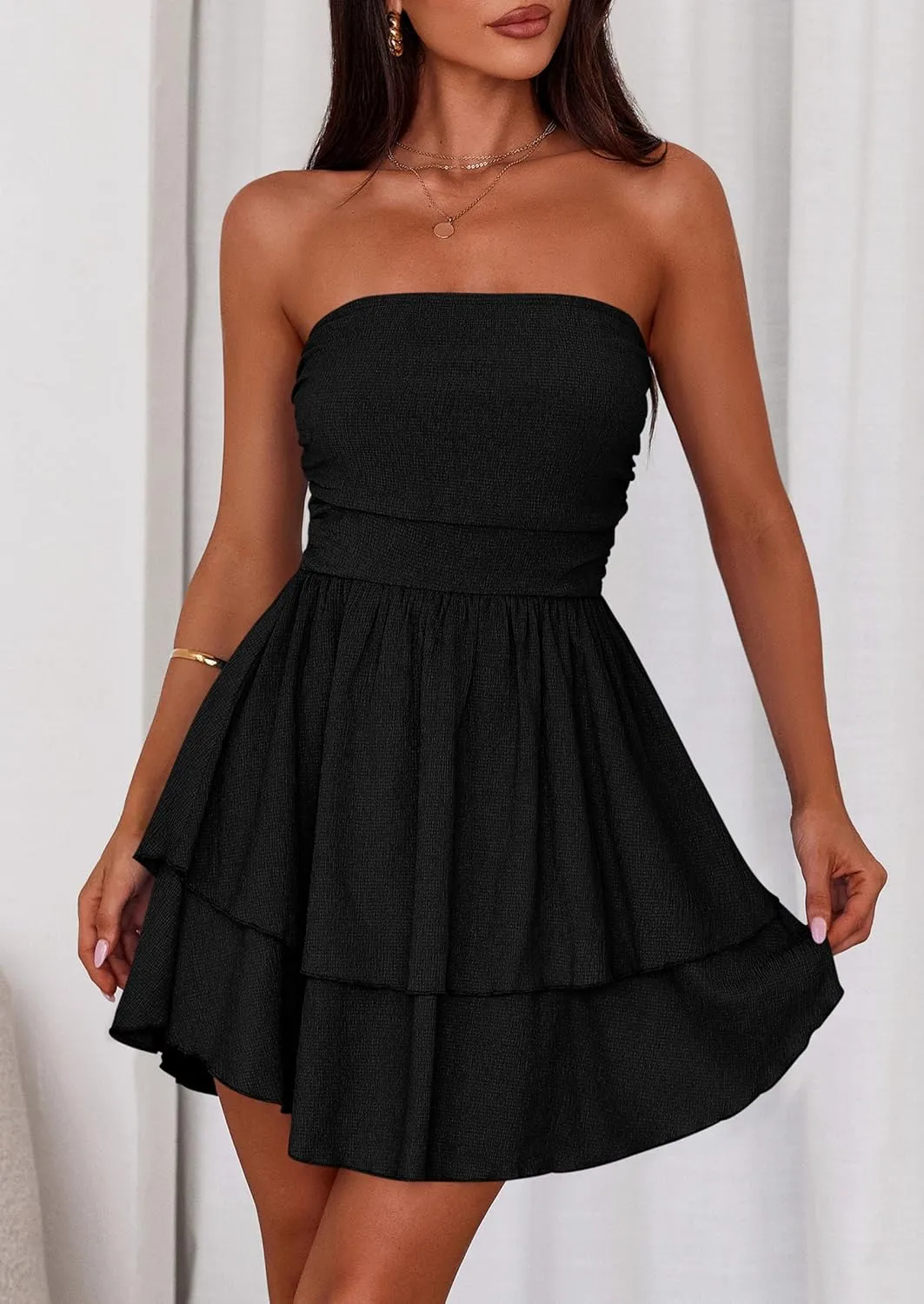 PRETTYGARDEN Women's 2025 Summer Strapless Tube Mini Dress Off Shoulder Smocked Ruffle A Line Flowy Short Party Club Dresses