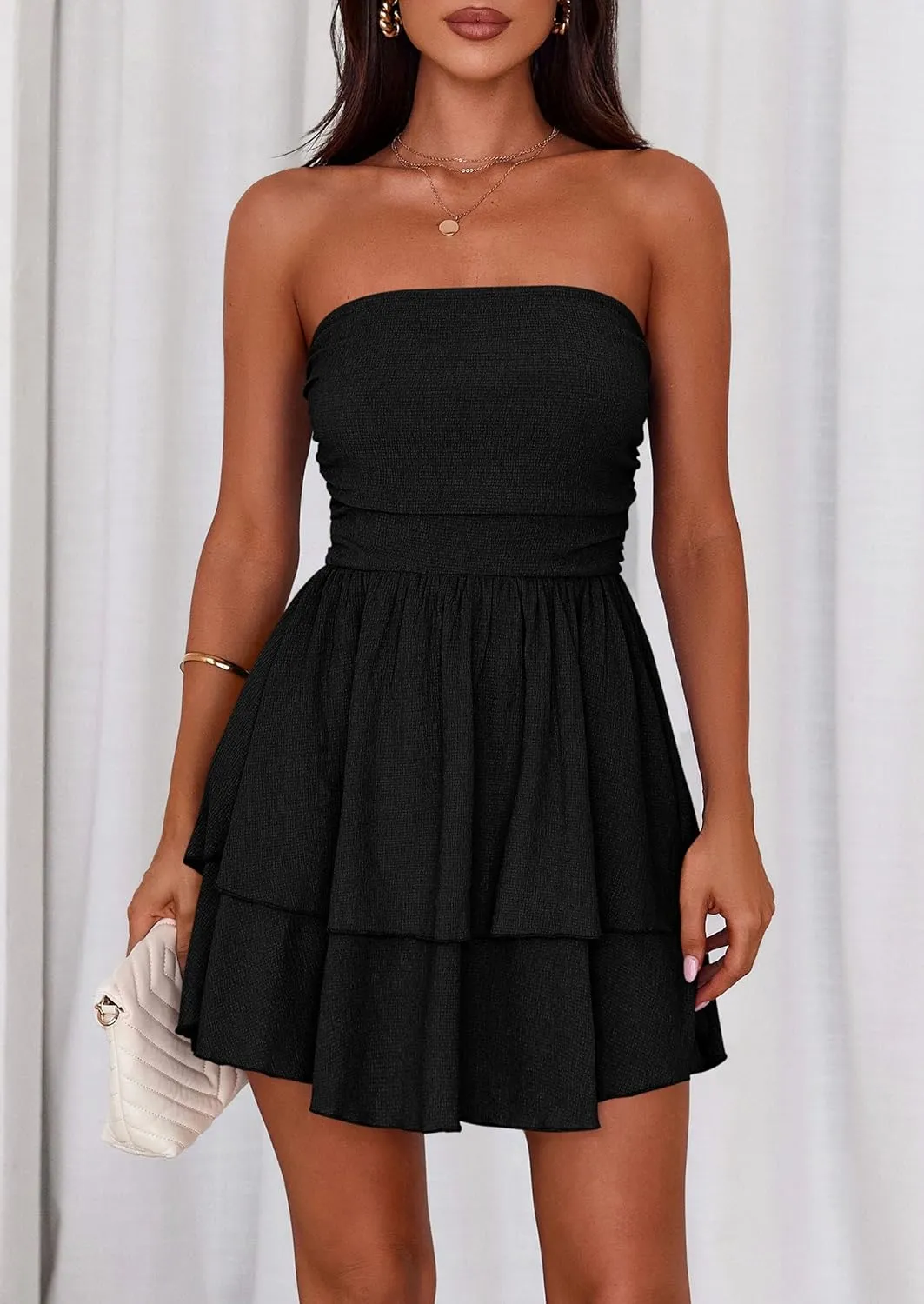 PRETTYGARDEN Women's 2025 Summer Strapless Tube Mini Dress Off Shoulder Smocked Ruffle A Line Flowy Short Party Club Dresses