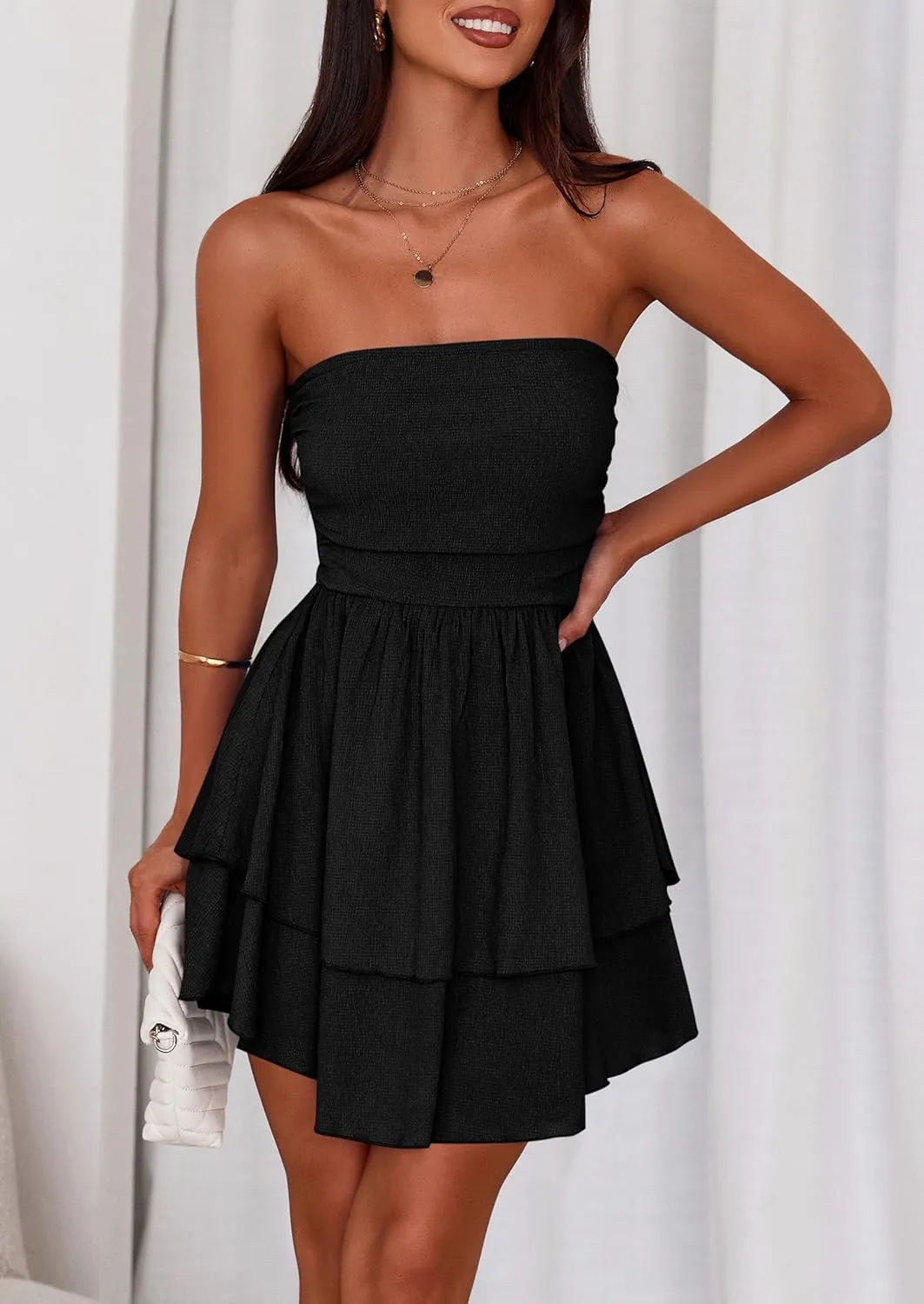 PRETTYGARDEN Women's 2025 Summer Strapless Tube Mini Dress Off Shoulder Smocked Ruffle A Line Flowy Short Party Club Dresses