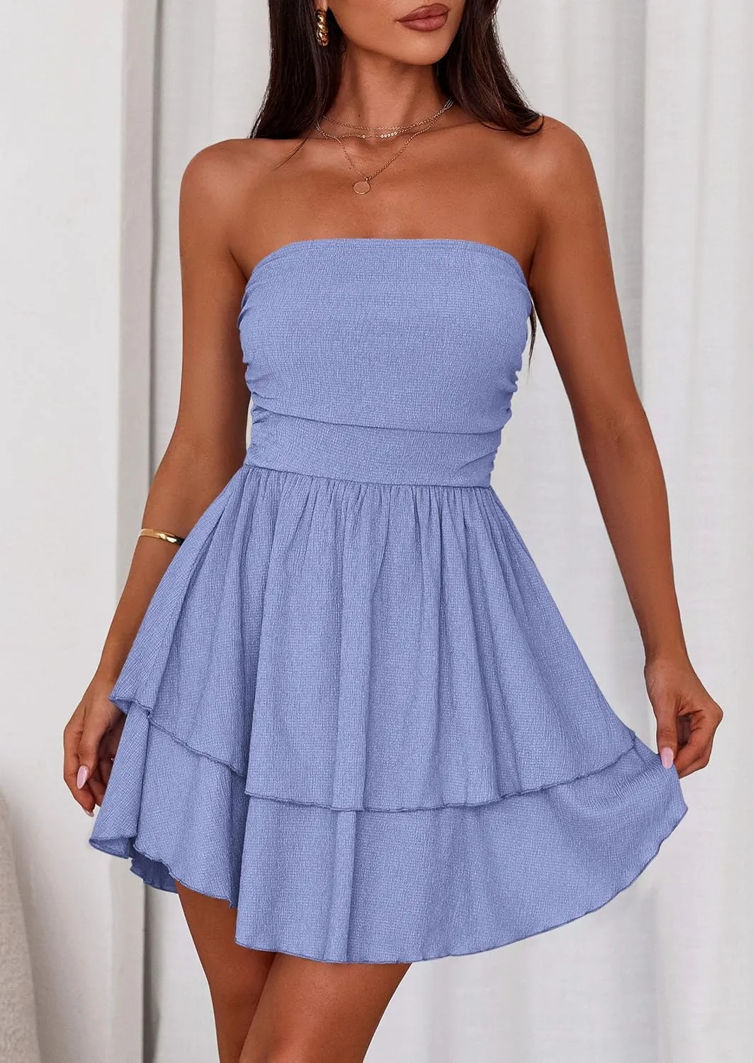 PRETTYGARDEN Women's 2025 Summer Strapless Tube Mini Dress Off Shoulder Smocked Ruffle A Line Flowy Short Party Club Dresses